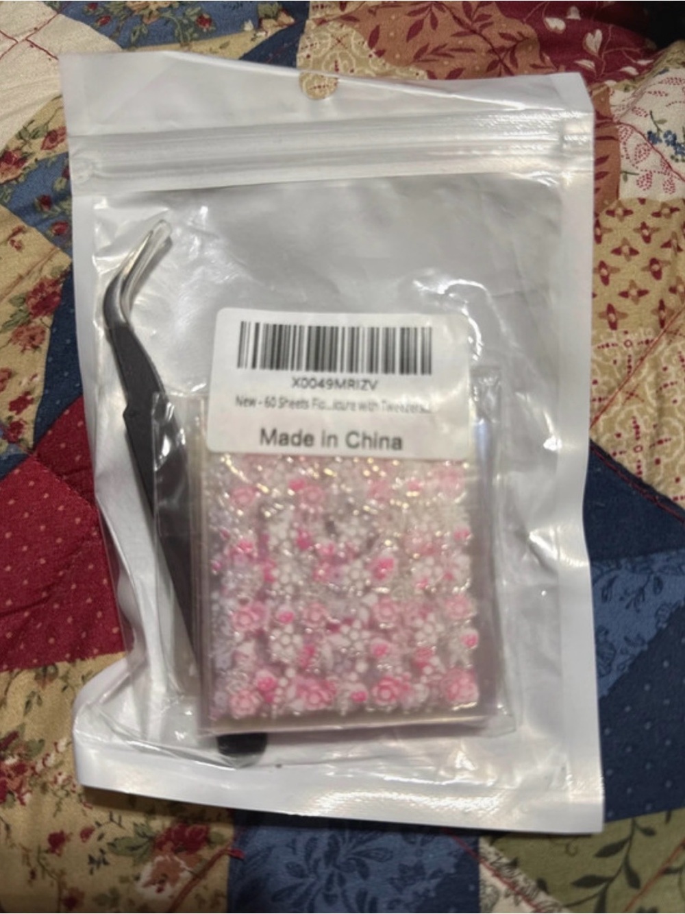 Pink Floral Rhinestone Phone Stickers with Precision Tweezers